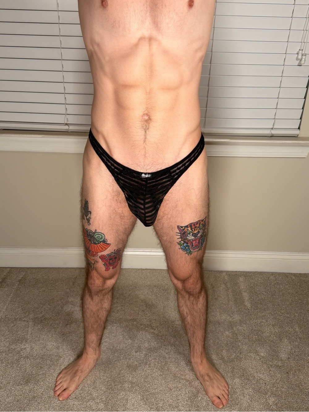 Men's Black Sheer Striped Thong Underwear Large